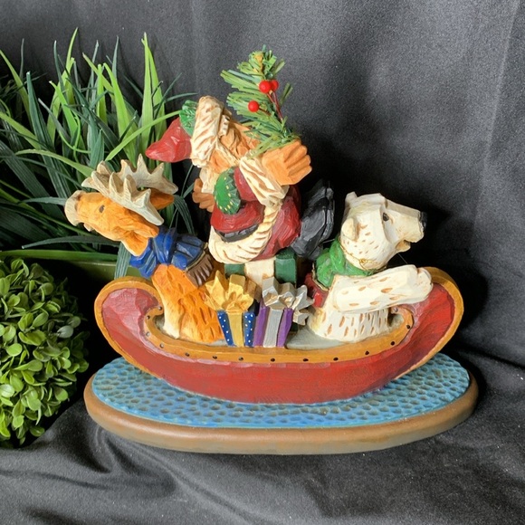 Vintage 1999 David Frykman Folk art Santa in Canoe with Polar Bear & Reindeer - Picture 3 of 12